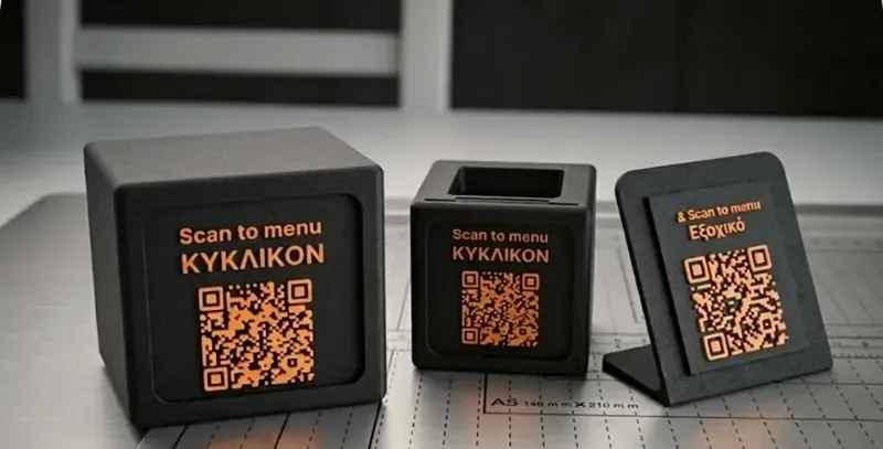 Μαύρο premium κυκλικό stand QR Code και επιτραπέζιοι κύβοι 3D εκτύπωσης